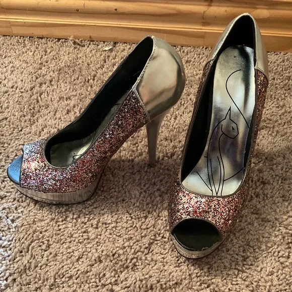 Baby Phat Shoes Baby Phat Glitter Silver Platform High Heels